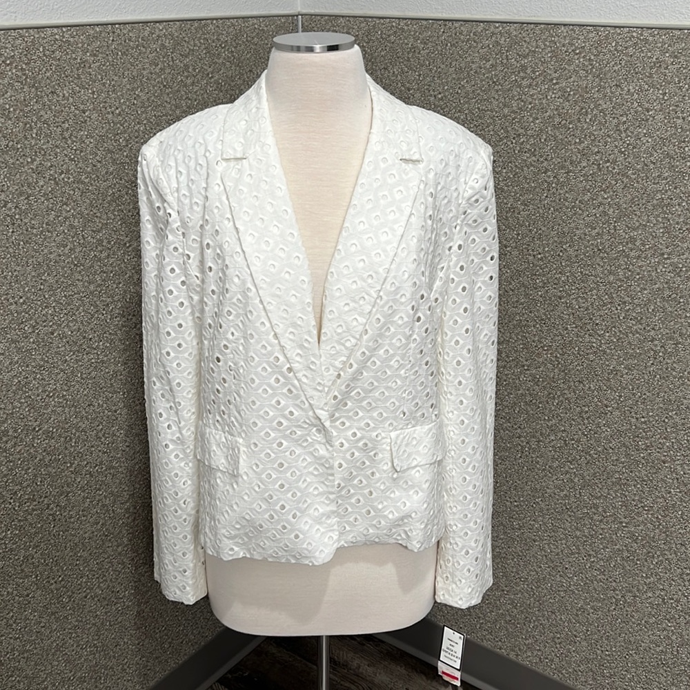 Nine West New With Tags White Embroidered Eyelet Notched Lapel Jacket Size 14